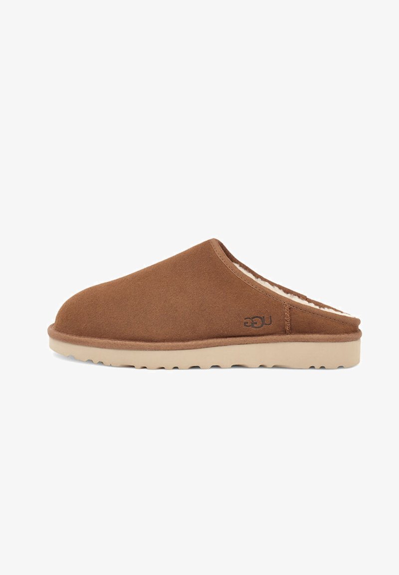Brown suede slip-on slipper with a shearling lining, beige rubber outsole, and stitched details on the upper. No heel, rounded toe design.