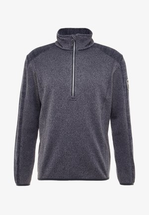 Pull-over gris avec col montant, fermeture éclair à moitié sur le devant, tissu texturé et accents côtelés sur les épaules. Comprend un logo sur la manche.