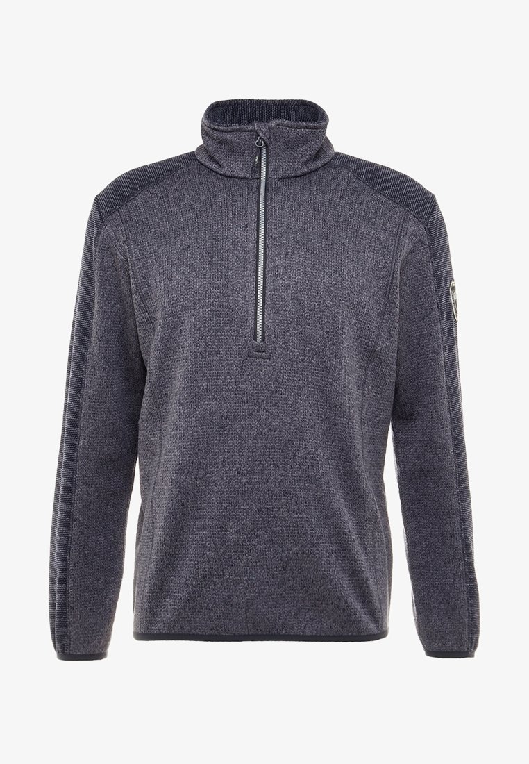 Pull-over gris avec col montant, fermeture éclair à moitié sur le devant, tissu texturé et accents côtelés sur les épaules. Comprend un logo sur la manche.