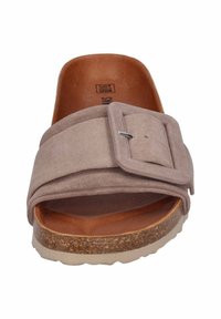Brown suede slide sandal with a wide strap featuring a large rectangular buckle. Comfortable cork sole with textured rubber bottom.