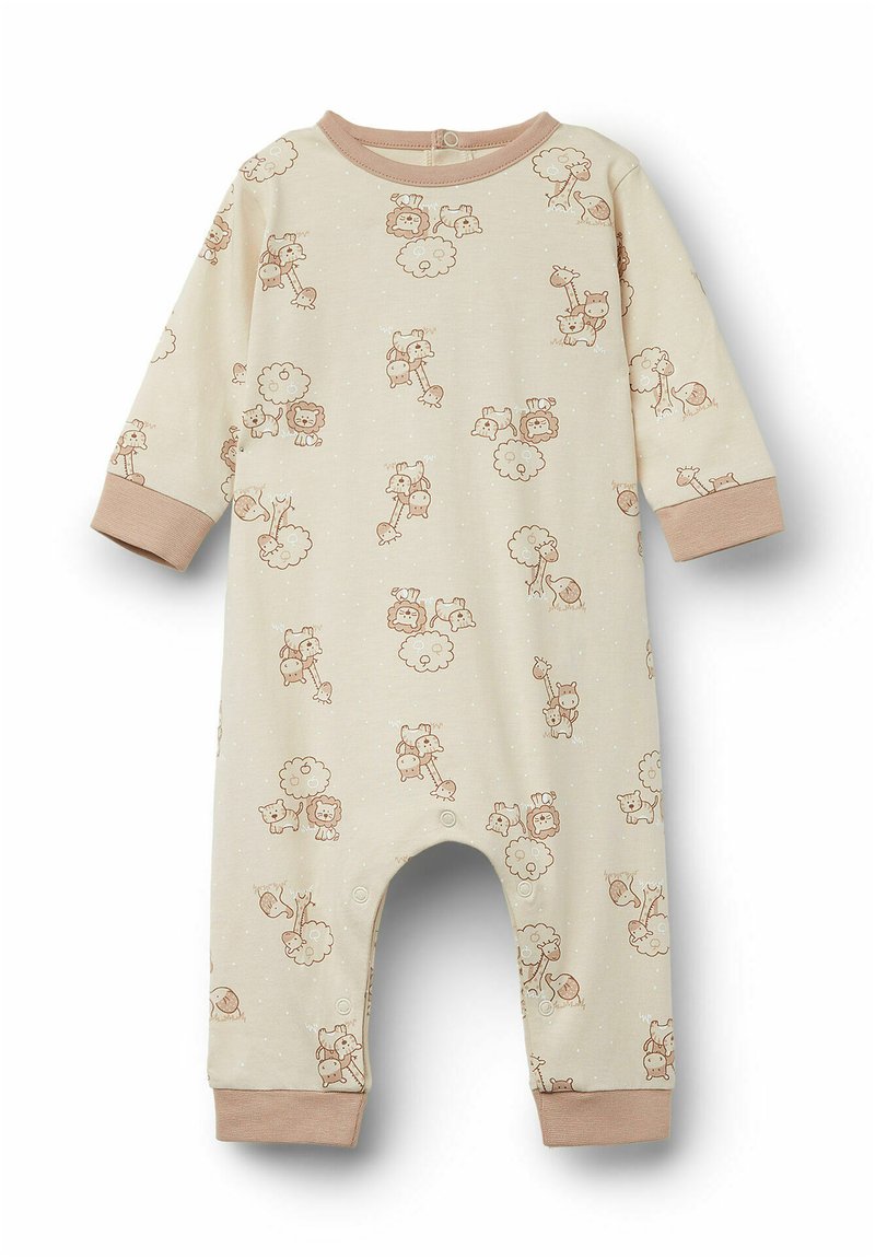 Béžový bavlněný dětský body s dlouhými rukávy, zdobený hnědými potisky zvířat a stromů. Zapínání na zadní straně pomocí patentky. Hladké manžety v světle hnědé barvě.