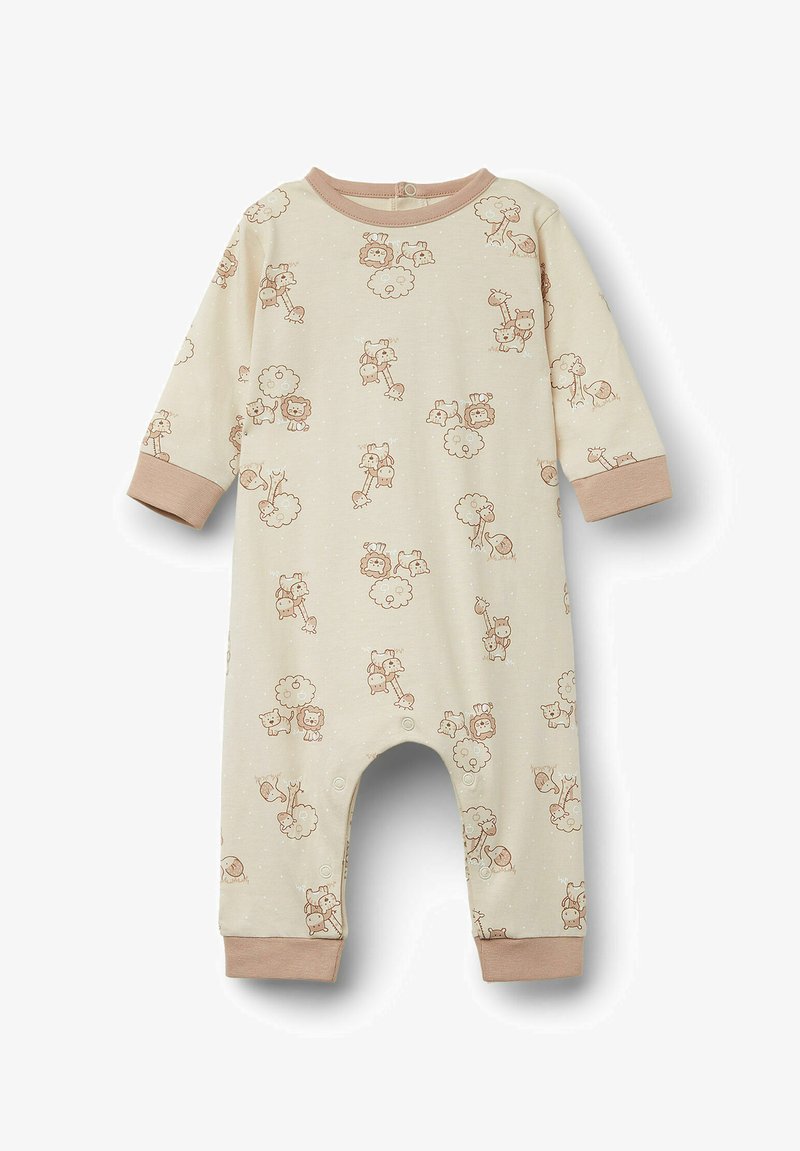 Beige Baumwoll-Strampelanzug für Babys mit langen Ärmeln, verziert mit braunen Tier- und Baum-Motiven. Wird hinten mit einem Druckverschluss geschlossen. Gerippte Bündchen in hellbraun.