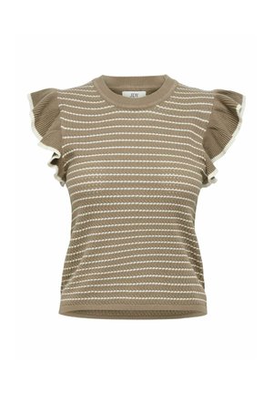Haut en maille beige avec des rayures blanches, manches courtes à volants et encolure ronde. Texture douce avec une silhouette ajustée. Marque : JDY.