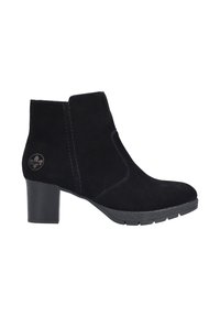 Black suede ankle boot with a rounded toe, side stitching detail, and a chunky heel. Features a rubber outsole and a logo accent on the heel.