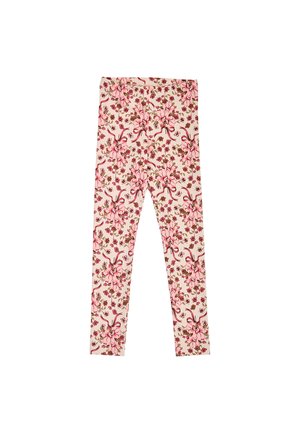 Kinder-Leggings mit hellrosa Grundfarbe und einem durchgehenden Blumenmuster in Pink-, Rot- und Brauntönen.