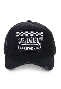 Black baseball cap with mesh sides features a rectangular embroidered patch displaying "Von Dutch California" and checkerboard design.