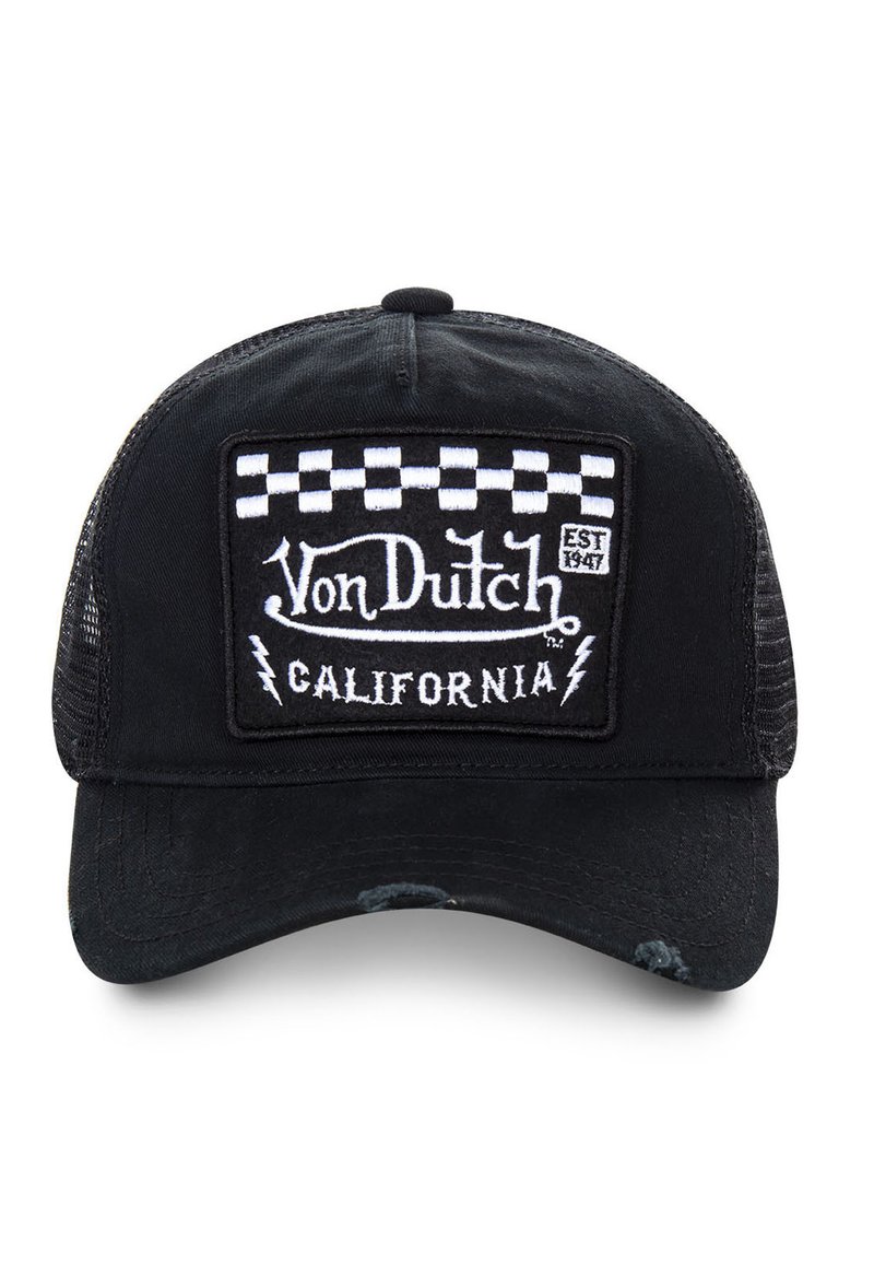 Black baseball cap with mesh sides features a rectangular embroidered patch displaying "Von Dutch California" and checkerboard design.