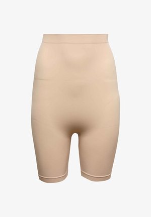 Beige, højtaljede shapewear-shorts i knælængde med glat stof og elastisk linning, designet til kropsformning.