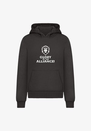 Black hoodie featuring a front kangaroo pocket, ribbed cuffs, and hem. Displaying a white lion logo and the text "GLORY TO THE ALLIANCE!"