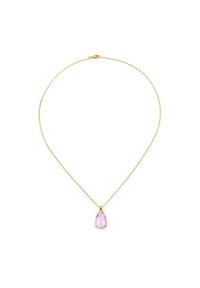Gul kædedyse med en gennemsigtig pink dråbeformet vedhæng, der fremhæver dens glatte overflade og slanke design.