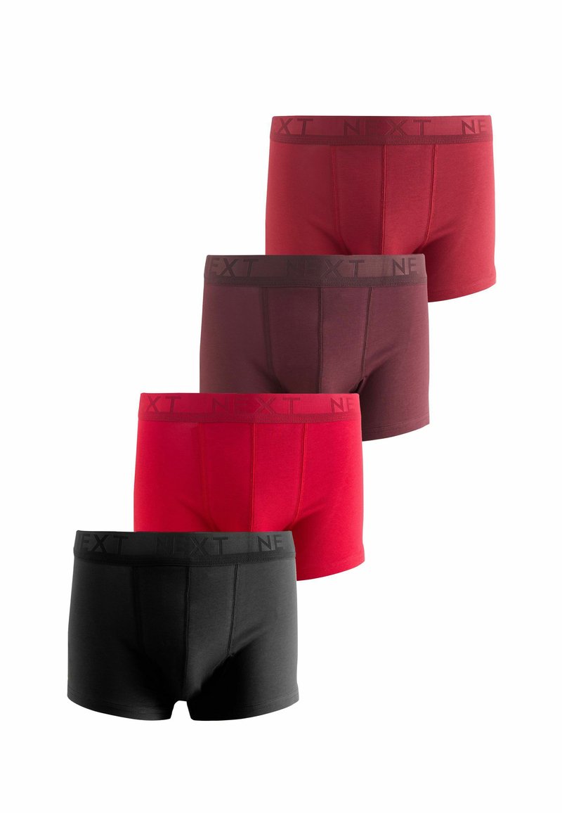 Four pairs of boxer briefs in black, red, dark red, and burgundy, made from soft cotton, featuring a branded elastic waistband.