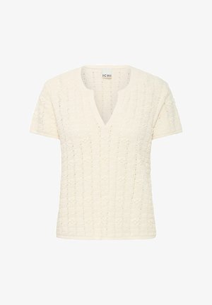 Top cu mânecă scurtă, croială în V, de culoare crem, cu un design tricotat texturat, cu modele de puncte proeminente și accente ribbed.