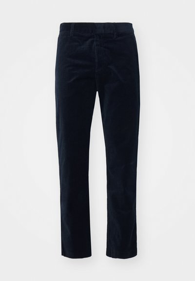 Navy corduroy pants with a straight leg design, featuring a textured surface and a standard waistband for a secure fit.