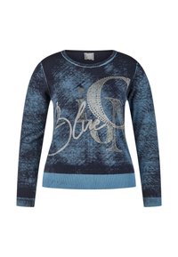 Marineblau gestrickter Pullover mit langen Ärmeln, Rundhalsausschnitt und strukturiertem Finish. Verfügt über silberne grafische Schriftzüge und Verzierungen.