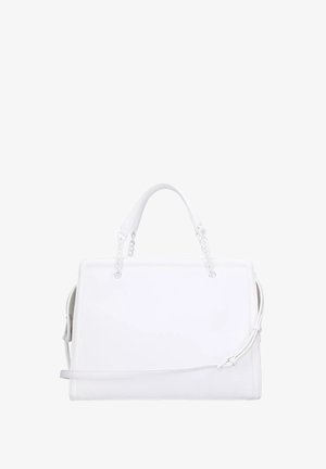 Borsa a mano in pelle bianca con forma rettangolare strutturata, manici superiori, tracolla staccabile e dettagli in metallo argentato. Texture liscia, design minimalista.