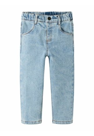 Jean bleu clair pour tout-petit avec taille élastique, fermeture à boutons à l'avant, deux poches avant et jambes droites.