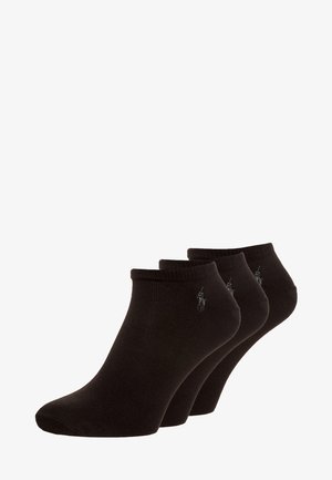 Black ankle socks in a pack of three, featuring a ribbed cuff and a small logo accent in contrasting color. Made from soft, elastic material.