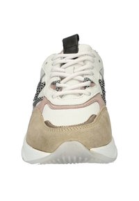 Sneakers met een witte mesh bovenkant, grijze en roze suède accenten, zwarte gemarmerde zijpanelen en een witte rubberen zool. Heeft een zwart hieltab.