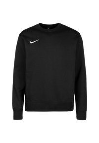 Sudadera negra de Nike de mangas largas, con cuello redondo y puños acanalados. Presenta un logo blanco de Nike en la parte superior del lado izquierdo del pecho. Textura suave.