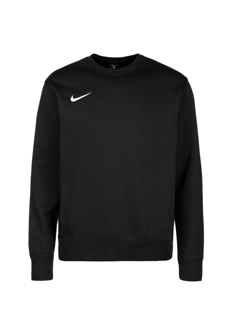 Sudadera negra de Nike de mangas largas, con cuello redondo y puños acanalados. Presenta un logo blanco de Nike en la parte superior del lado izquierdo del pecho. Textura suave.