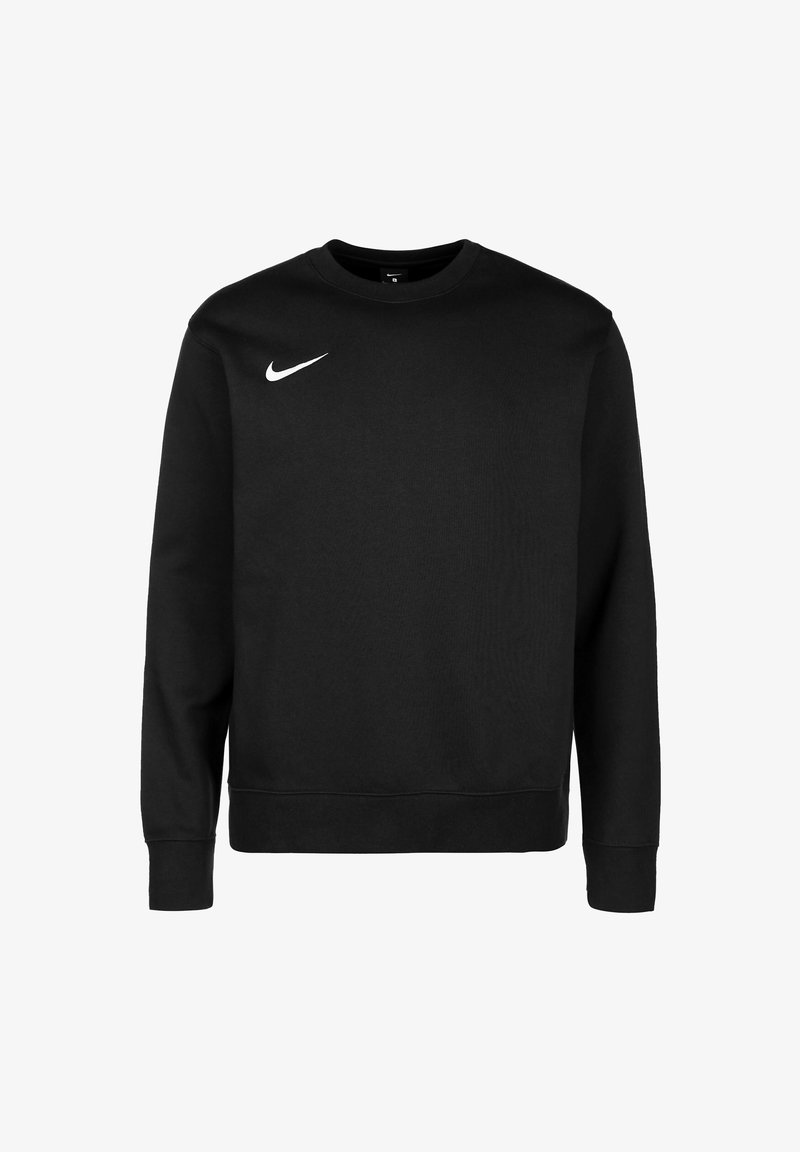 Sudadera negra de Nike de mangas largas, con cuello redondo y puños acanalados. Presenta un logo blanco de Nike en la parte superior del lado izquierdo del pecho. Textura suave.