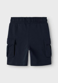 Shorts de sport bleu marine avec une taille élastique, dotés de deux poches cargo latérales et d'une texture lisse en mélange de coton.