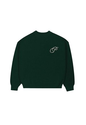 Maglione verde scuro a maniche lunghe con polsini e orlo a coste, caratterizzato da un piccolo logo "P" in corsivo chiaro sul lato sinistro del petto.