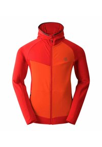 Rote und orange Zip-Jacke mit einem zweifarbigen Design, aus strukturiertem Material, mit hohem Kragen und einem Logo auf der Brust. Slim Fit, ohne sichtbare Taschen.