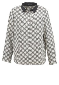 Koszula z długim rękawem z guzikiem w czarno-biały kratkowany wzór w krzyż i gładkim czarnym kołnierzykiem.
