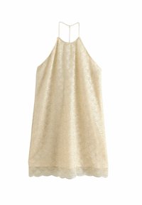Rochie fără mâneci, cu guler halter, de culoare bej deschis, având un model texturat în tipar de solzi și un tiv cu margini ondulate, cu bretele subțiri și o croială lejeră.