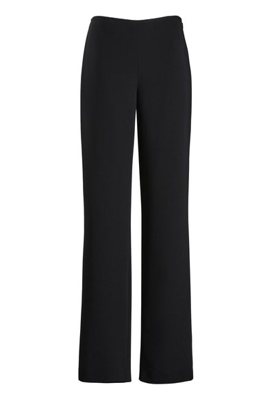 Black wide-leg pants with a smooth, stretchy fabric; high waistband and no visible fastenings; clean, minimalist design.