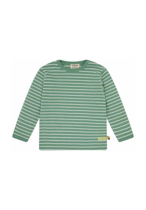 Camicia a maniche lunghe verde con righe orizzontali bianche, realizzata in morbido cotone, con scollo rotondo e un'etichetta laterale decorativa.