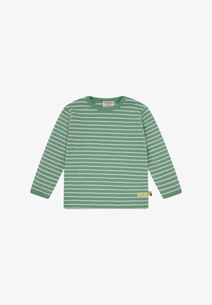 Green long-sleeve shirt with white horizontal stripes, made of soft cotton, featuring a round neckline and a side label accent.