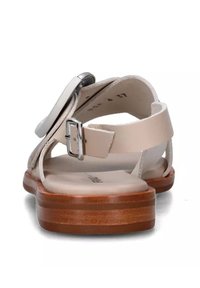 Sandal in pelle beige con una fascia larga e una fibbia in argento, caratterizzata da una suola in legno arrotondata e un design minimalista.