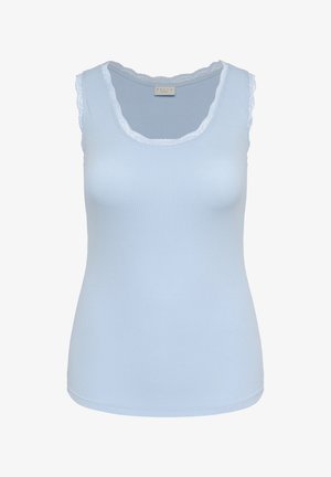 Lichtblauw geribbeld tanktop met een gegolfde kanten rand rondom de halslijn en armsgaten. Heeft een aansluitend ontwerp en een gladde textuur.