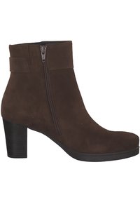 Brown suede ankle boot with a rounded toe, side zipper, and a stacked heel. Smooth texture with a subtle sheen and no visible patterns.