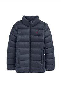 Mörkblå vadderad dunjacka med hel dragkedja framtill, hög krage, sidofickor och liten röd broderad logotyp på bröstet.