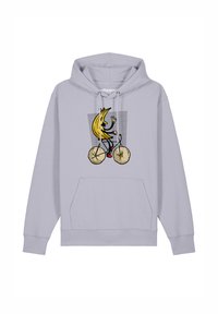 Hellgraue Kapuze mit einer schwarzen Cartoonfigur, die auf einem Fahrrad mit großen Rädern fährt. Das Design beinhaltet einen kopfgroßen, gelben Bananenkopf.