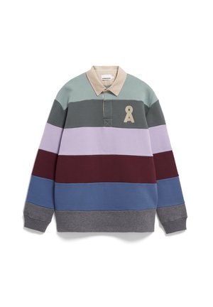 Pull à col beige multicolore. Présente des rayures horizontales en vert, gris, lavande, bordeaux, bleu et gris. Inclut un petit logo.