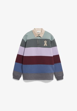 Multikleurige trui met een beige kraag. Kenmerkt zich door horizontale strepen in groen, grijs, lavendel, bordeaux, blauw en grijs. Inclusief een klein logo.