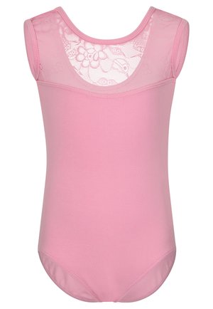 Rosa ärmelloser Body mit einem floralen Spitzenrücken. Weicher, dehnbare Stoff, runder Ausschnitt und taillierte Passform, geeignet für Tanz oder Gymnastik.