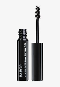 Contenitore cilindrico nero con finitura lucida, etichettato "Babor Clear Eyebrow Fixing Gel." Include un applicatore a spazzola a spirale.