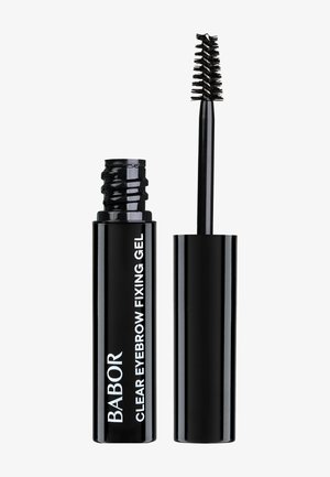Contenitore cilindrico nero con finitura lucida, etichettato "Babor Clear Eyebrow Fixing Gel." Include un applicatore a spazzola a spirale.