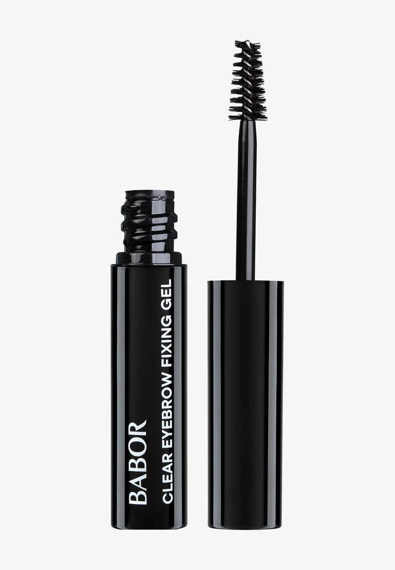 Contenitore cilindrico nero con finitura lucida, etichettato "Babor Clear Eyebrow Fixing Gel." Include un applicatore a spazzola a spirale.