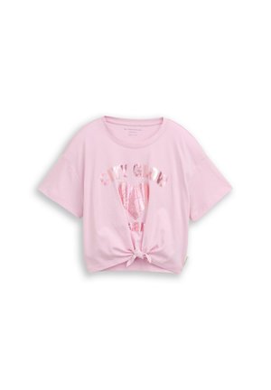 Light pink short-sleeve tie-front T-shirt with shiny metallic pink heart and "CITY GLOW" text on the front.