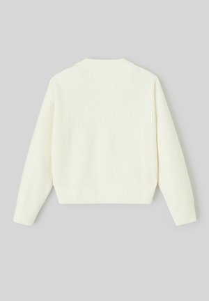 Pull en maille côtelée blanche, longueur cropped, col rond, manches longues, avec un tissu texturé et des poignetsfinis avec des coutures minimales.