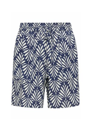 Short bleu marine avec motif feuillu blanc, taille élastique et fermeture à cordon à l'avant.
