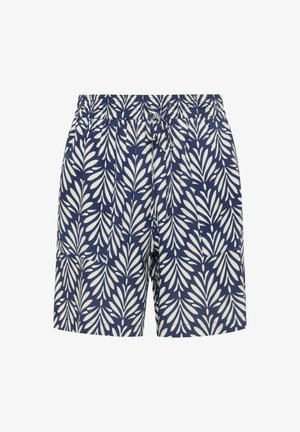 Short bleu marine avec motif feuillu blanc, taille élastique et fermeture à cordon à l'avant.