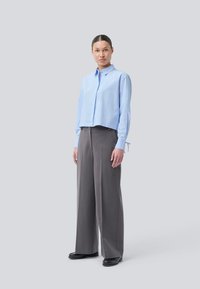 Vrouw in een lichtblauw geknopt shirt en grijze wijde broek, staand tegen een effen grijze achtergrond met haar handen ontspannen langs haar lichaam.