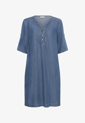 Vestido tipo túnica de mezclilla en azul claro, con escote en V, tres botones, mangas cortas con opción de doblar y bolsillos laterales.